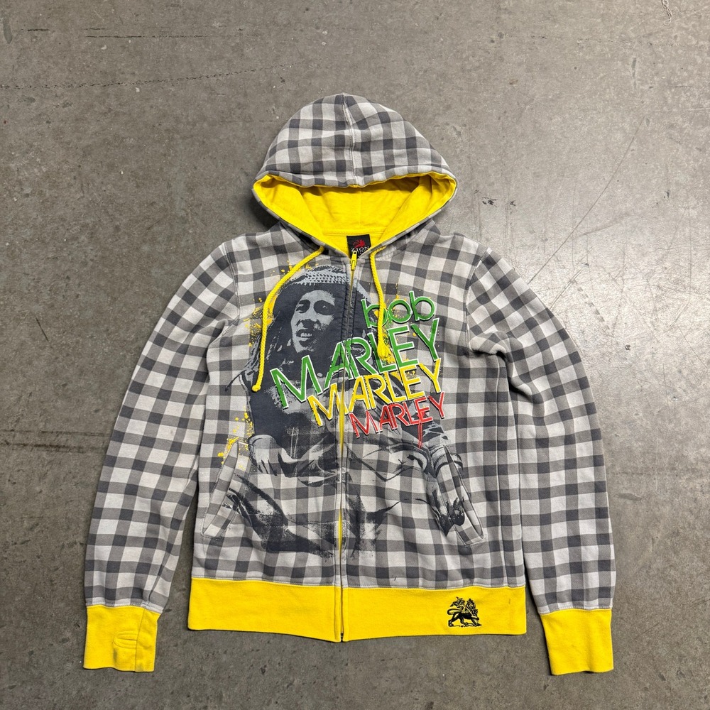 Zion Rootswear Bob Marley Gingham Zip Up Hoodie Grey Yellow Large